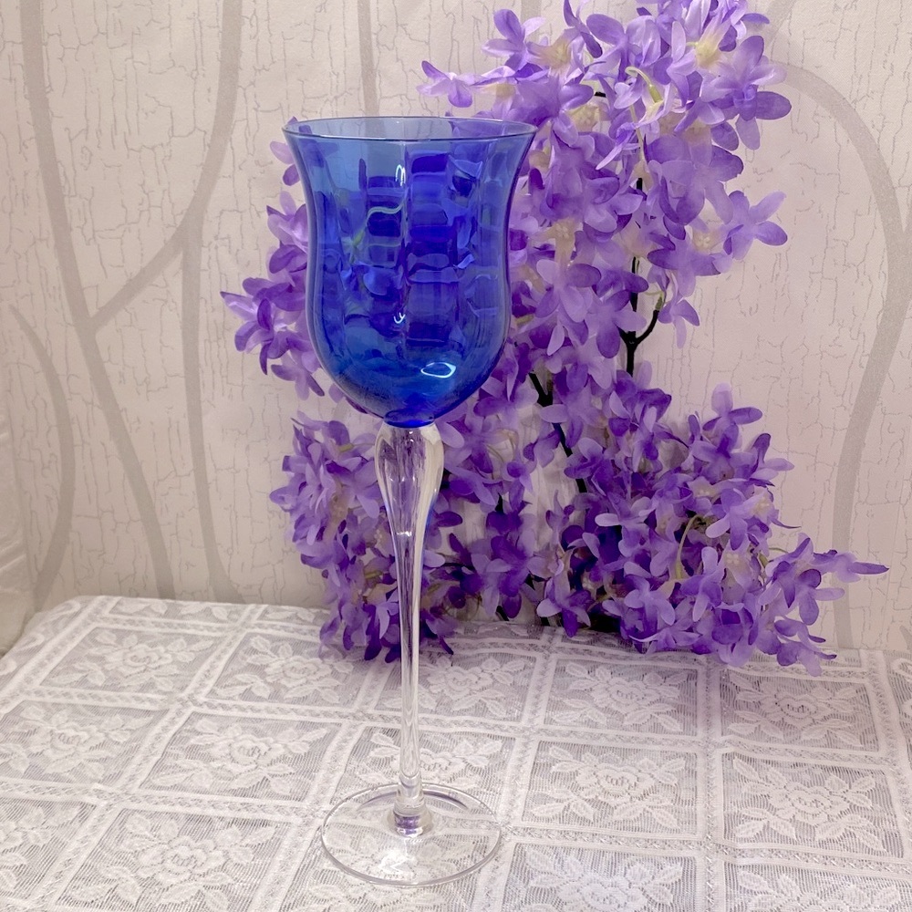 🌹 Extra Tall Blue Wine Glass Chalice 🌹 Candy Display 11.5”